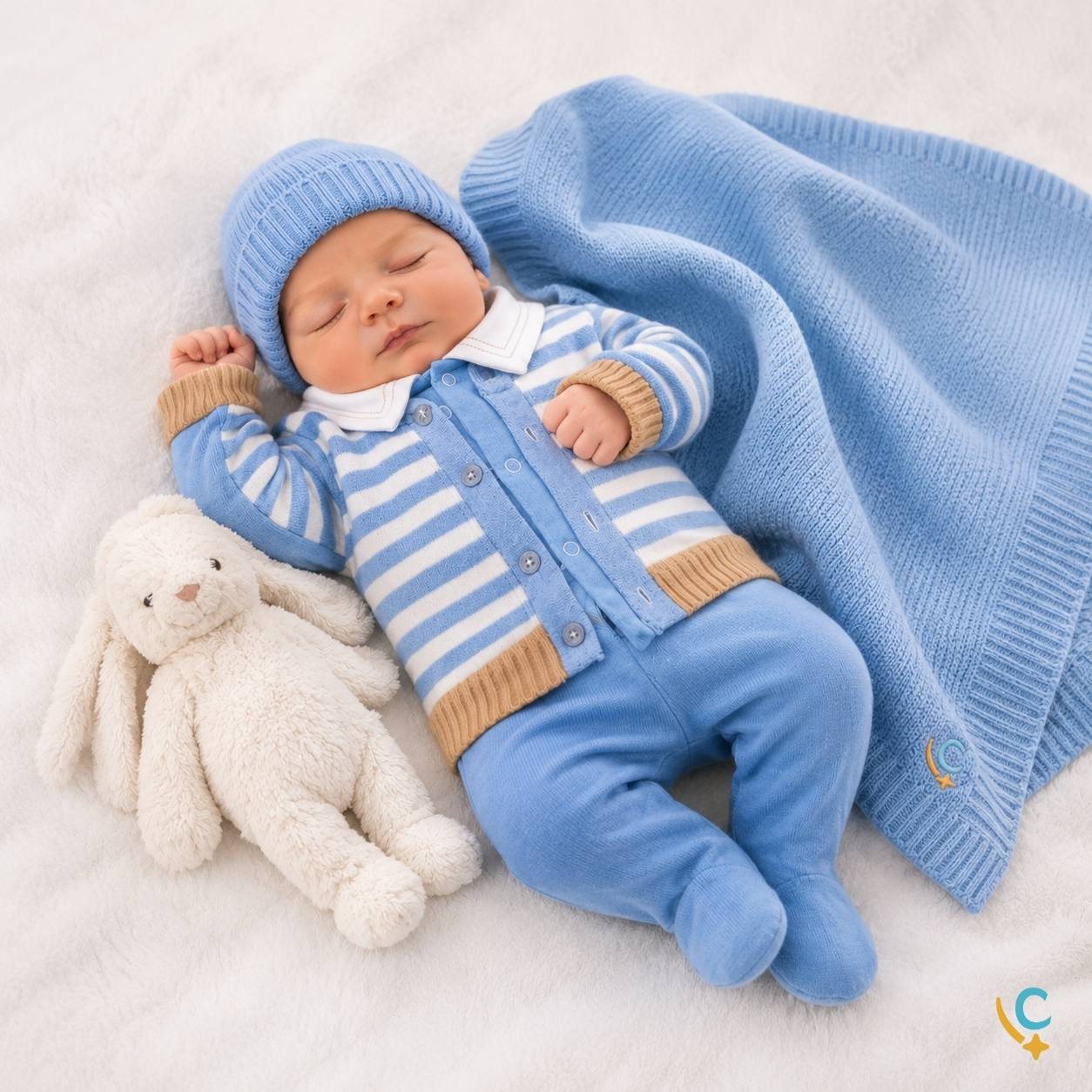 Saída maternidade premium azul claro em tricô com manta Carinho de Bebê