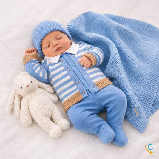 Saída maternidade premium azul claro em tricô com manta Carinho de Bebê