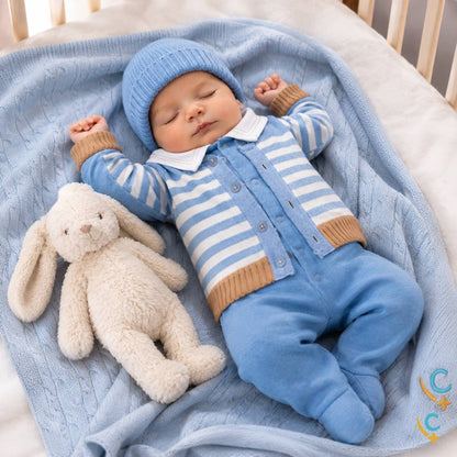 Bebê usando saída maternidade azul claro em tricô