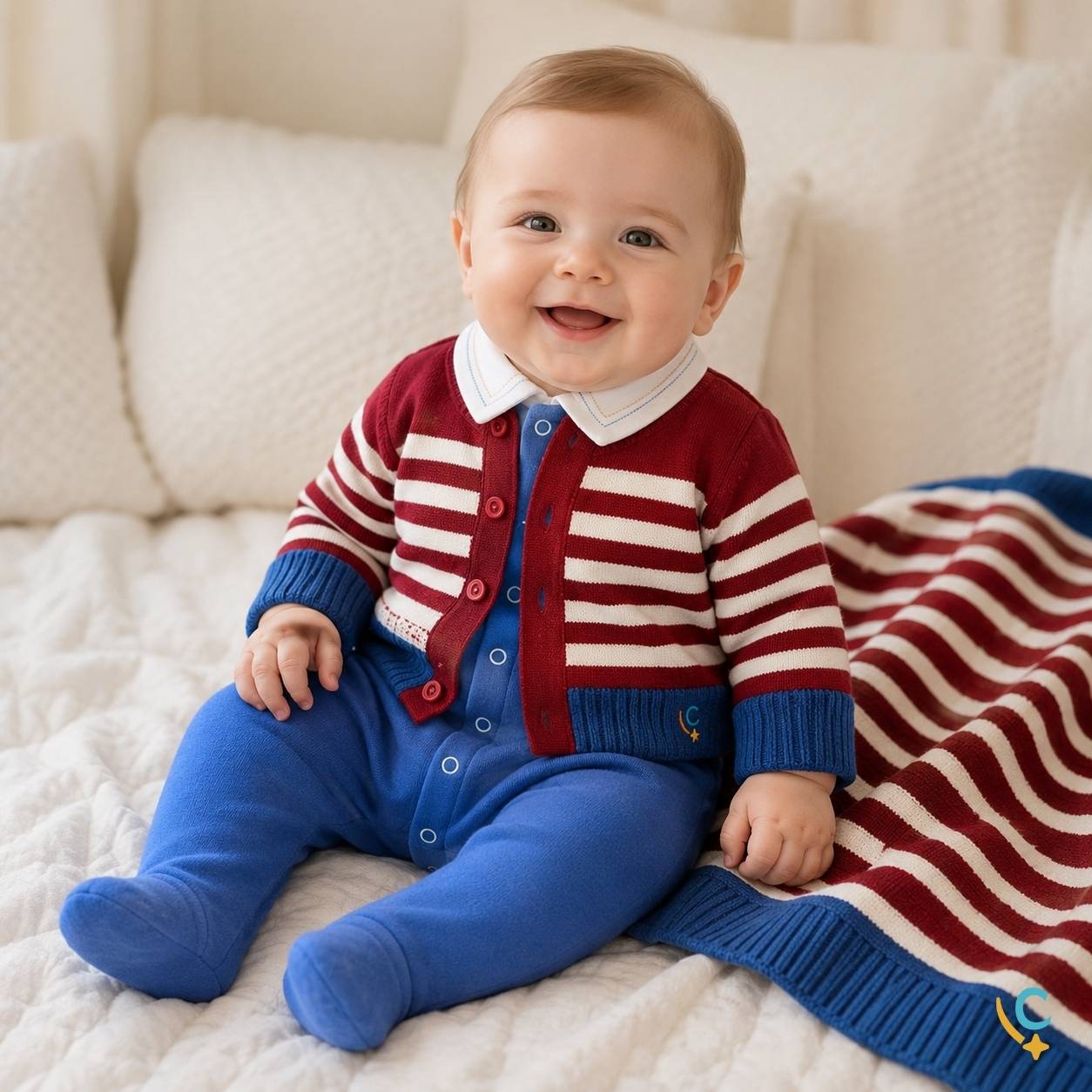 Bebê usando saída maternidade azul marinho em tricô