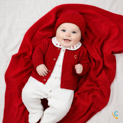 Bebê usando saída maternidade vermelha em tricô