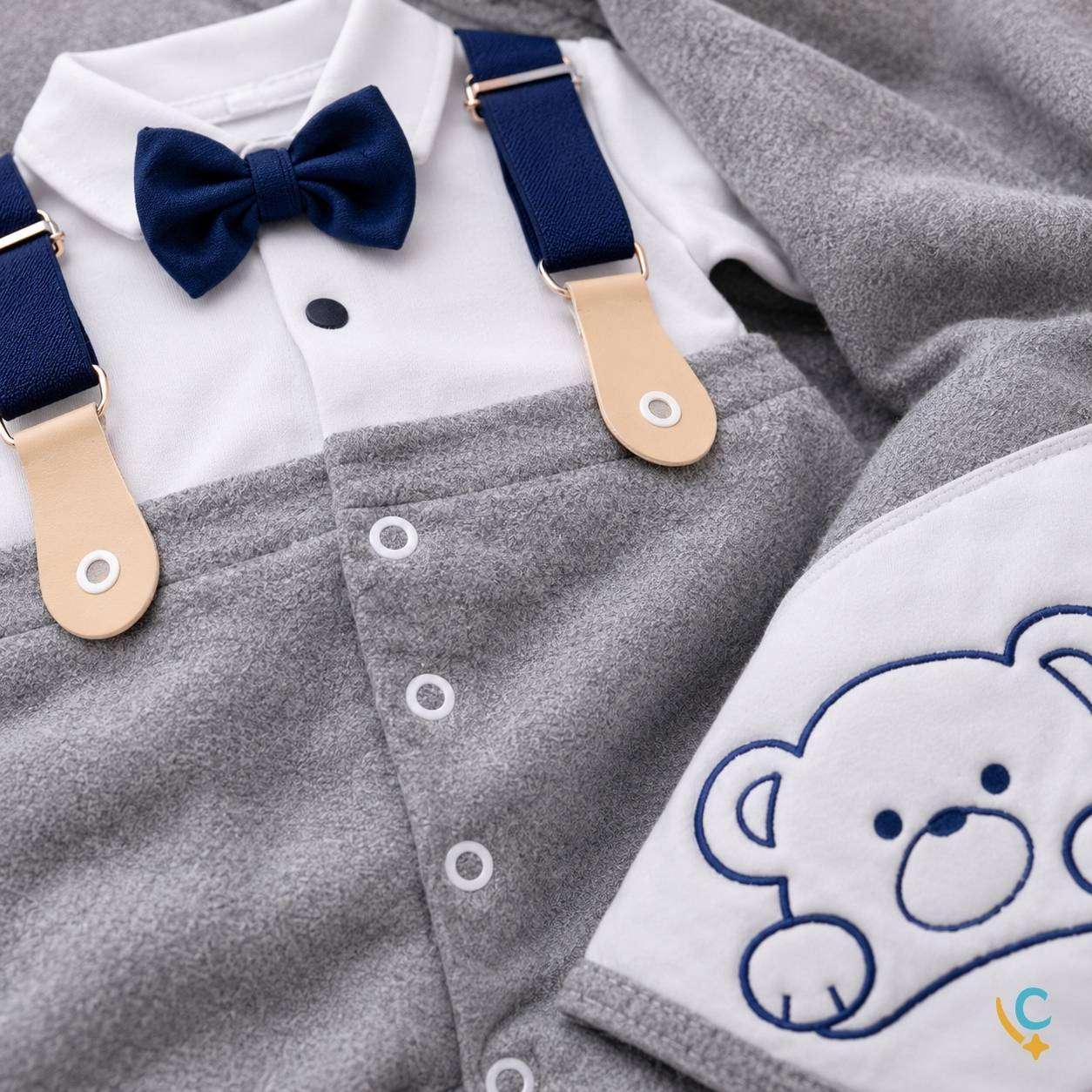 Look social bebê menino com suspensório cinza