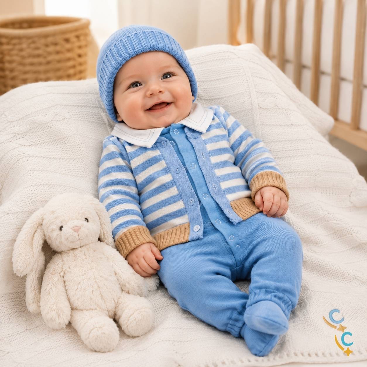 Conjunto saída maternidade azul claro com manta