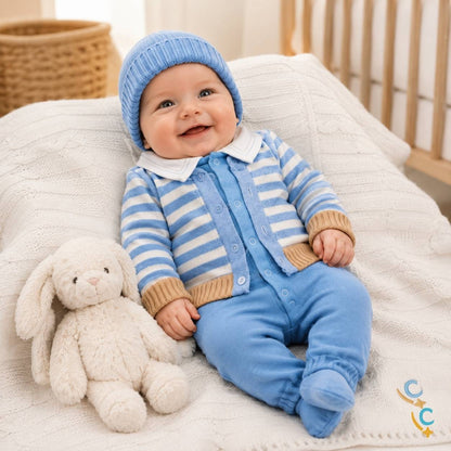 Conjunto saída maternidade azul claro com manta