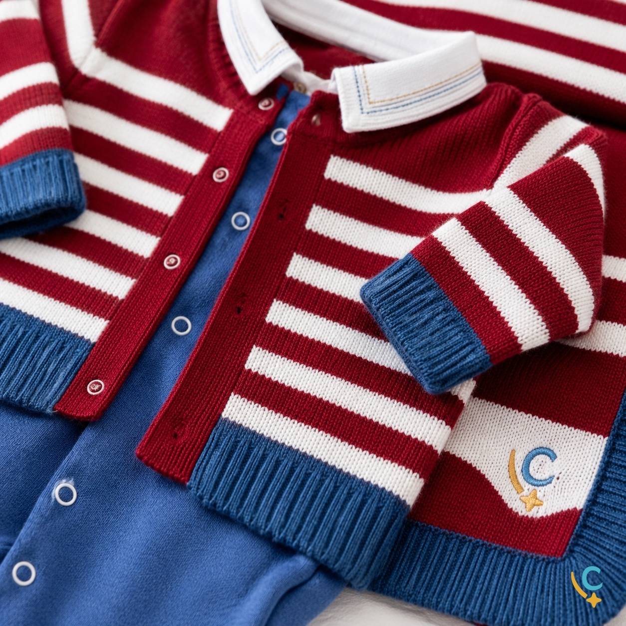 Detalhe do tricô azul marinho da saída maternidade