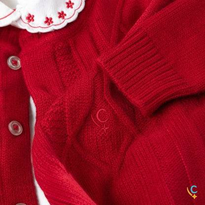 Detalhe do tricô vermelho da saída maternidade