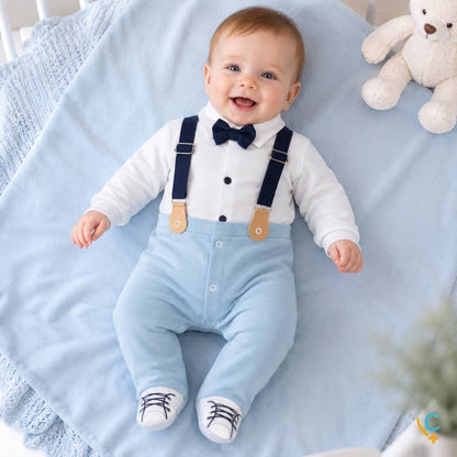 Bebê usando saída maternidade azul social