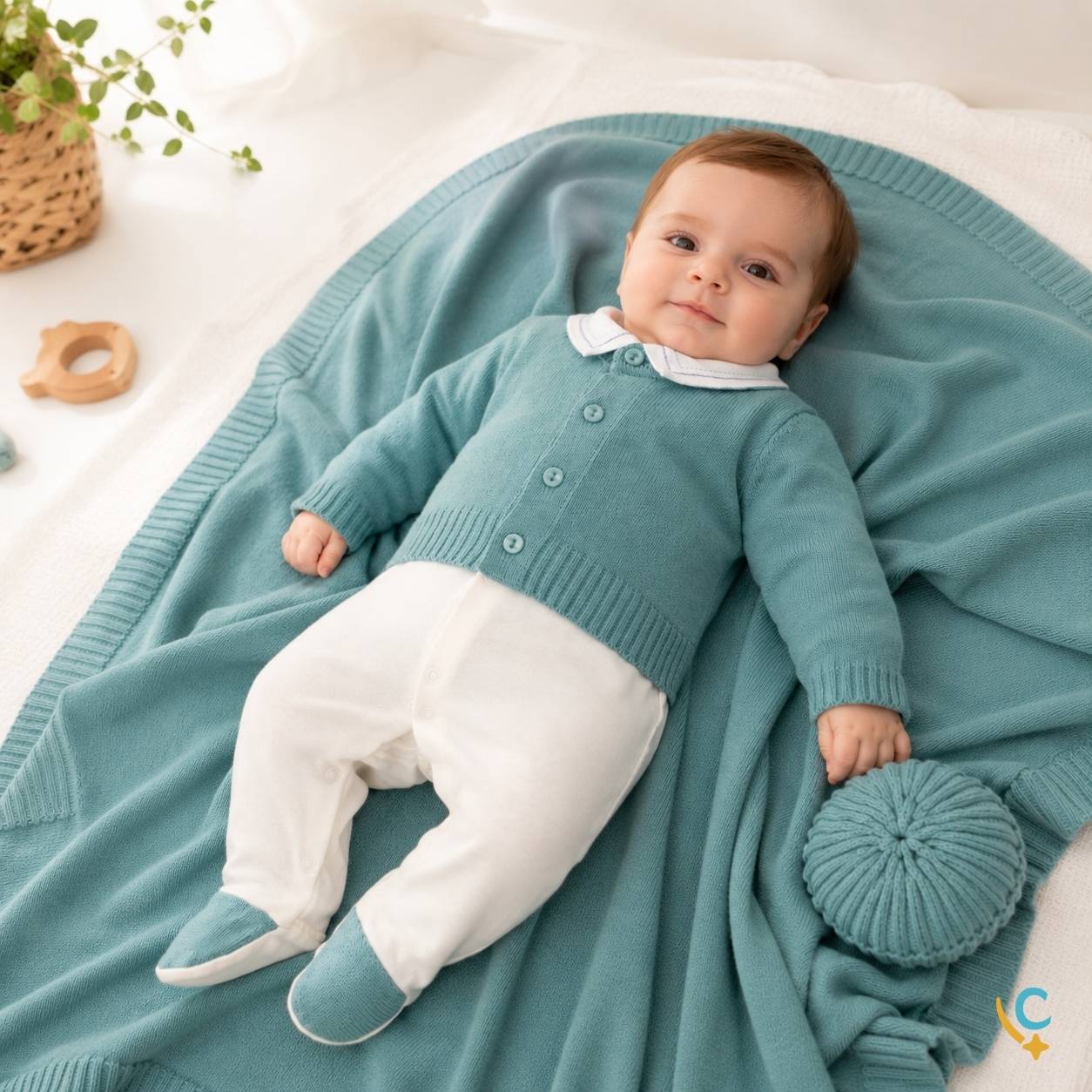 Bebê usando saída maternidade verde água em tricô
