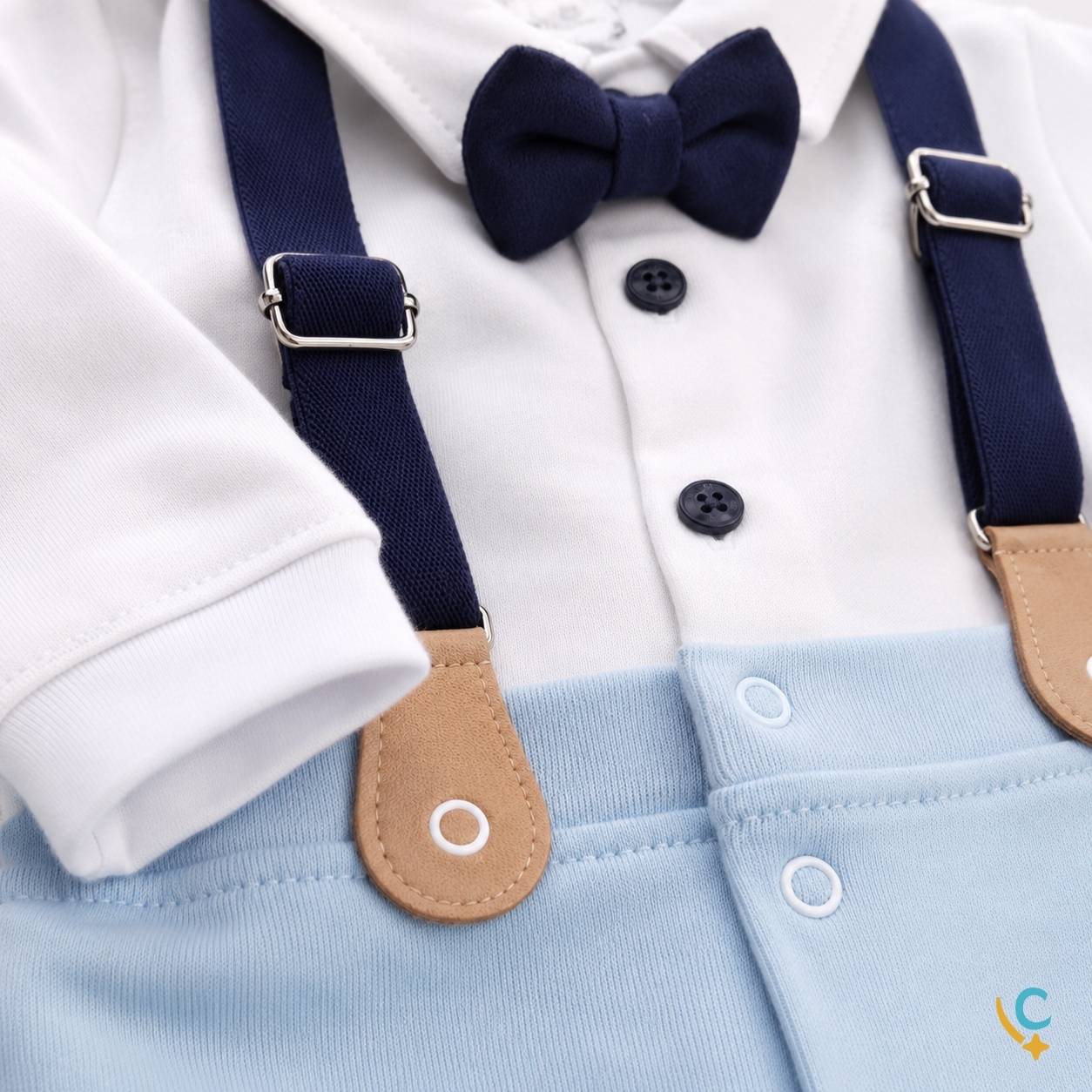 Detalhe saída maternidade azul com gravata borboleta