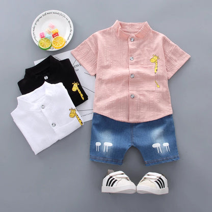 Conjunto Bebê Camisa Gola Mandarim e Shorts Jeans Premium