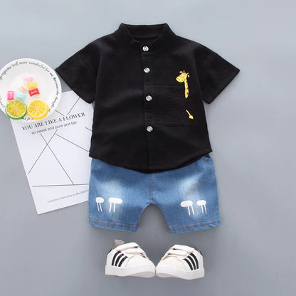 Conjunto Bebê Camisa Gola Mandarim e Shorts Jeans Premium