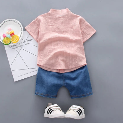 Conjunto Bebê Camisa Gola Mandarim e Shorts Jeans Premium