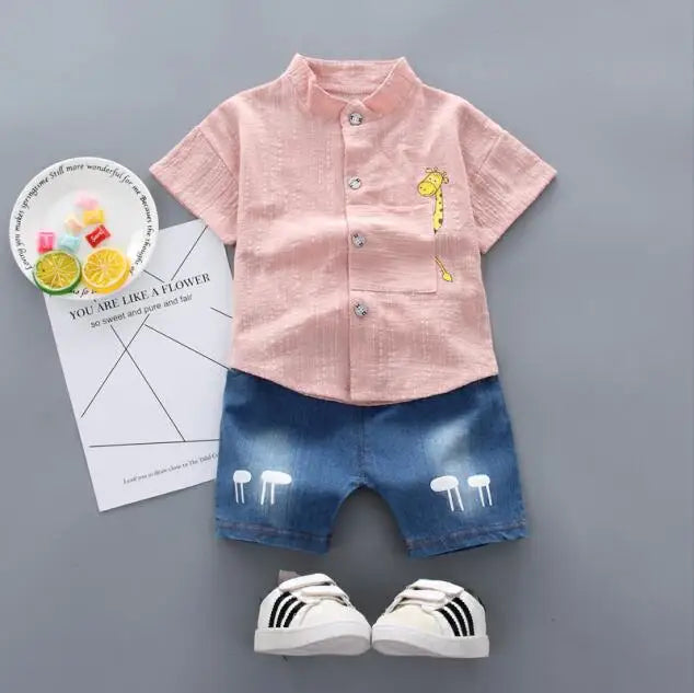 Conjunto Bebê Camisa Gola Mandarim e Shorts Jeans Premium