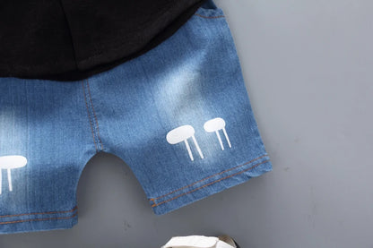 Conjunto Bebê Camisa Gola Mandarim e Shorts Jeans Premium