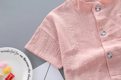 Conjunto Bebê Camisa Gola Mandarim e Shorts Jeans Premium