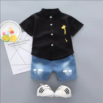 Conjunto Bebê Camisa Gola Mandarim e Shorts Jeans Premium