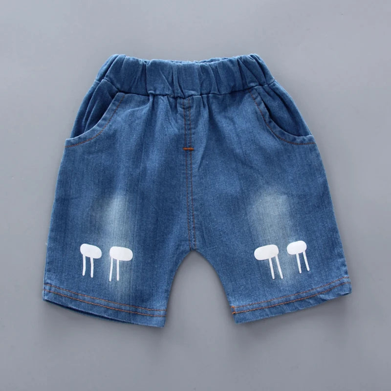 Conjunto Bebê Camisa Gola Mandarim e Shorts Jeans Premium