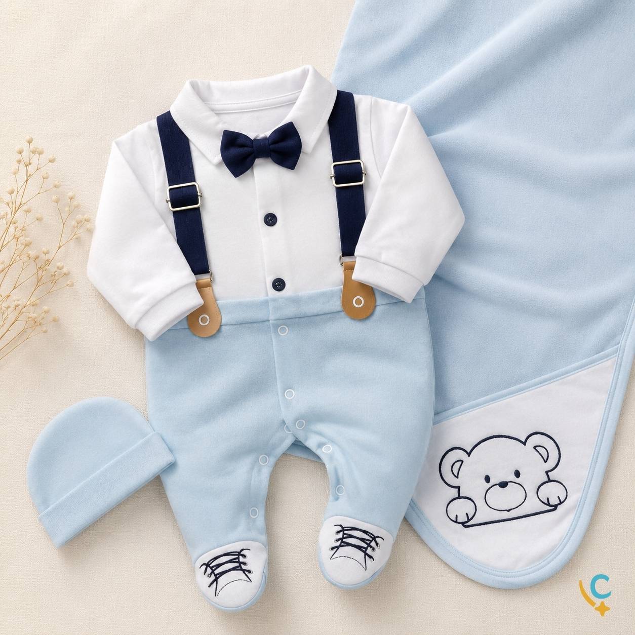 Look social bebê menino com suspensório azul