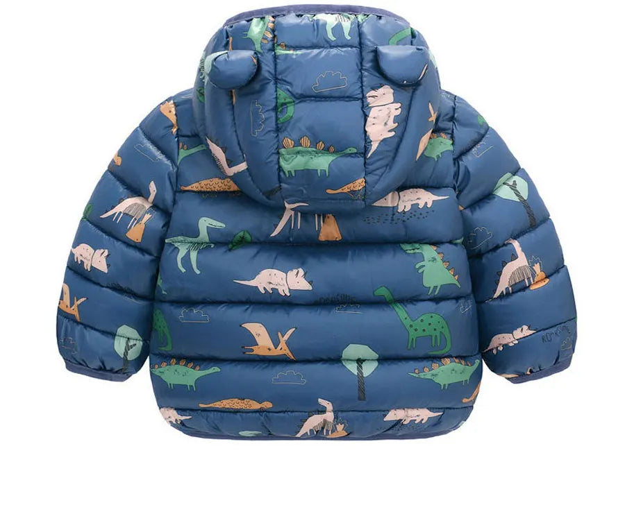 Blue baby puffer jacket with dinosaur print and hood, infant winter outerwear.