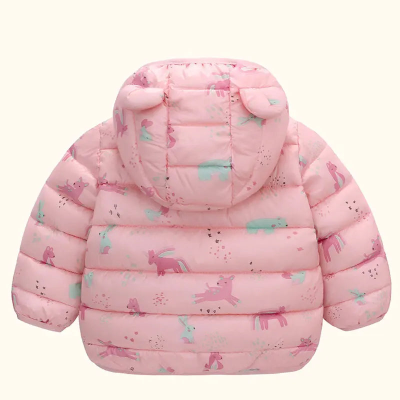 Pink baby puffer jacket with animal print and hood with bear ears, infant winter clothing