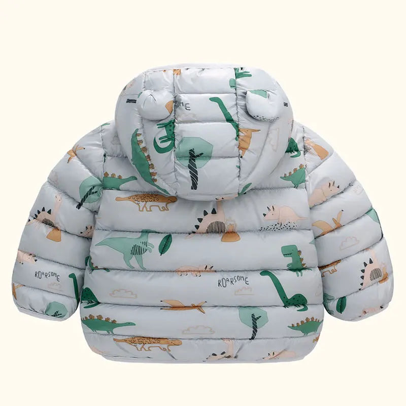 Baby puffer jacket with hood, dinosaur print, and bear ears, winter infant outerwear