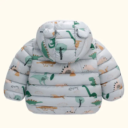 Baby puffer jacket with hood, dinosaur print, and bear ears, winter infant outerwear