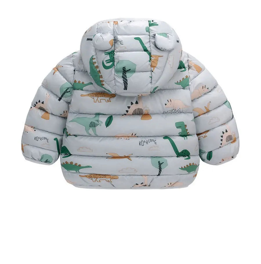 Baby puffer jacket with hood, dinosaur print, pastel colors, winter infant clothing