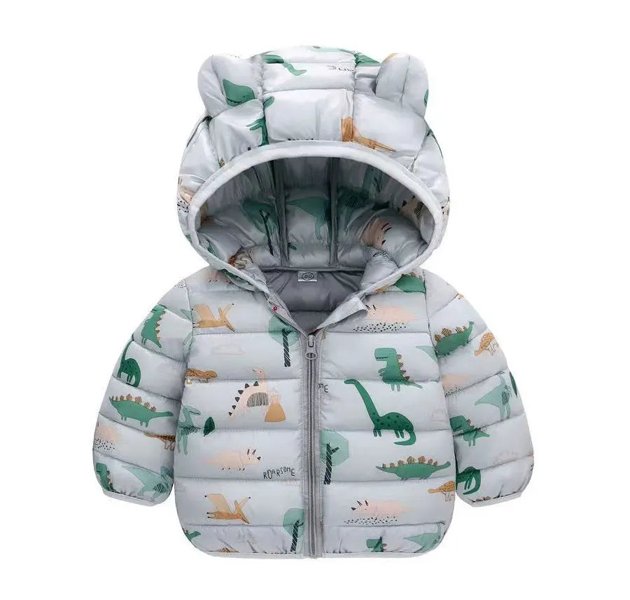 Baby puffer jacket with dinosaur print and bear-eared hood, light gray, winter infant clothing