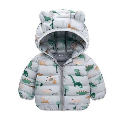 Baby puffer jacket with dinosaur print and bear-eared hood, light gray, winter infant clothing