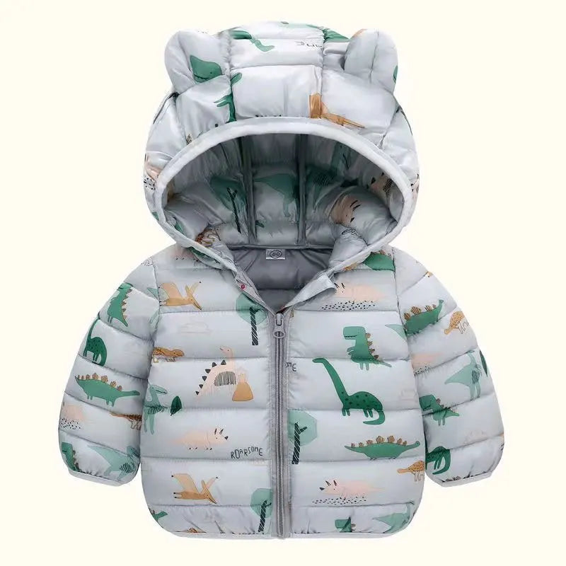 Baby puffer jacket with dinosaur print and bear ears hood, soft cotton winter clothing.