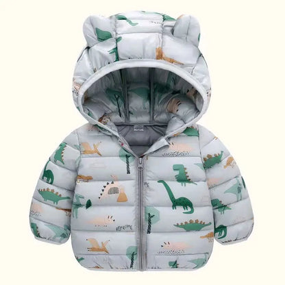 Baby puffer jacket with dinosaur print and bear ears hood, soft cotton winter clothing.