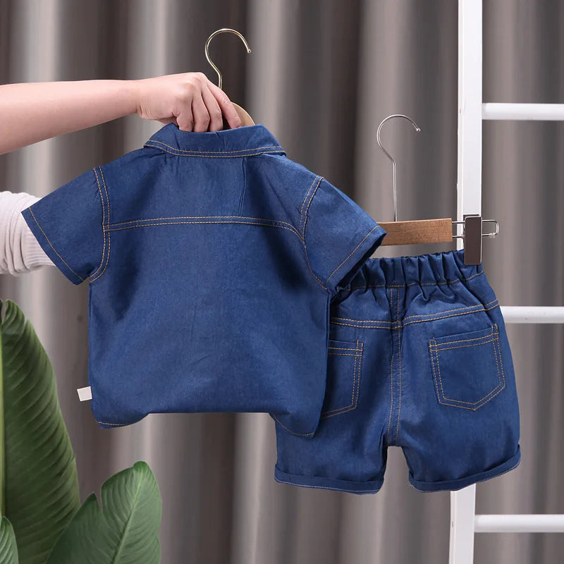 Conjunto Bebê Jeans Premium – Camisa Social e Bermuda Denim