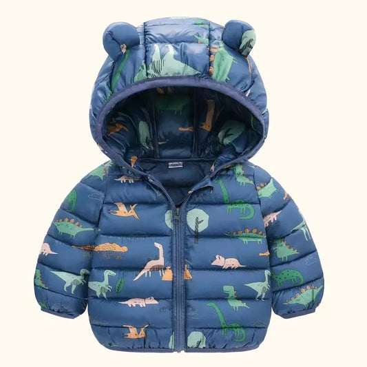 Blue baby puffer jacket with dinosaur print and bear ear hood, winter infant clothing