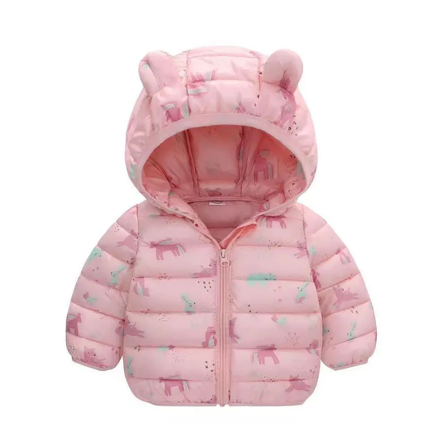 Pink baby puffer jacket with animal print and hood with bear ears, winter infant outerwear