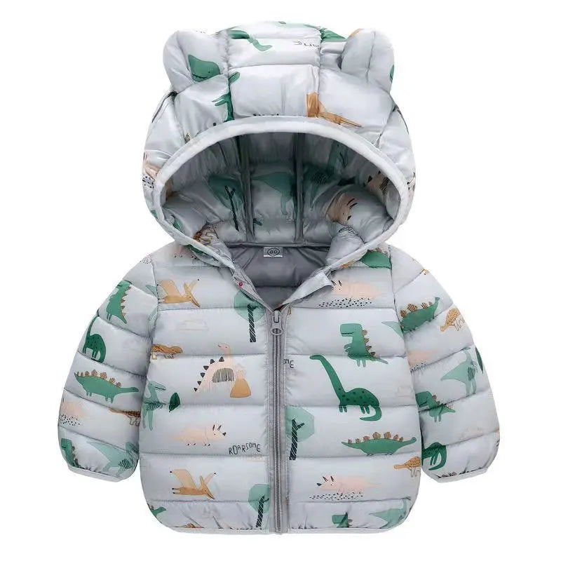 Baby puffer jacket with dinosaur print and bear ear hood, winter infant clothing.