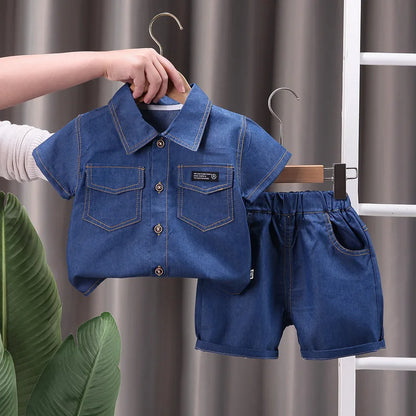 Conjunto Bebê Jeans Premium – Camisa Social e Bermuda Denim