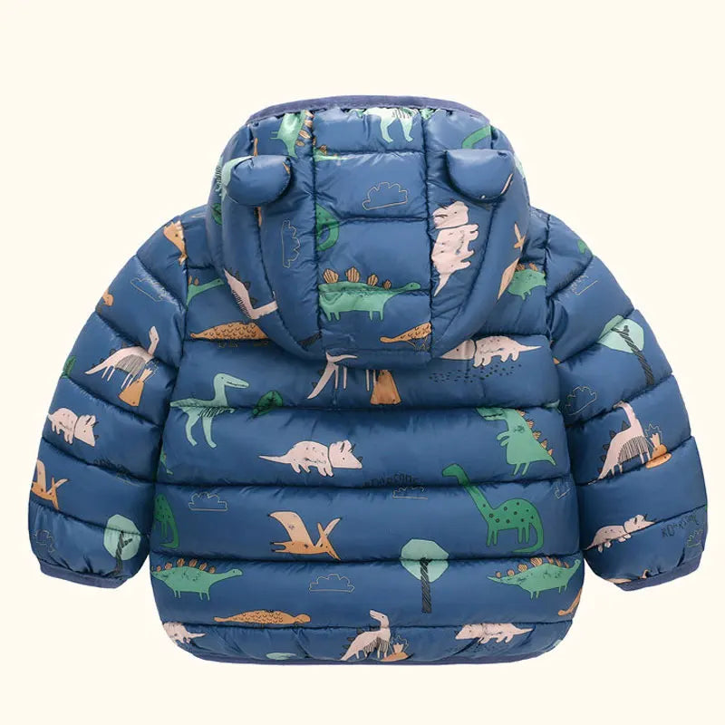 Blue baby winter jacket with hood, dinosaur print, and playful ear details