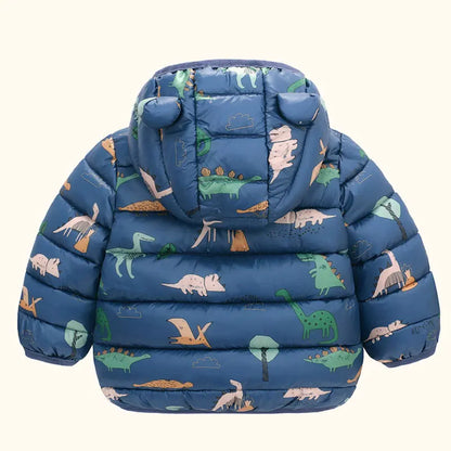 Blue baby winter jacket with hood, dinosaur print, and playful ear details