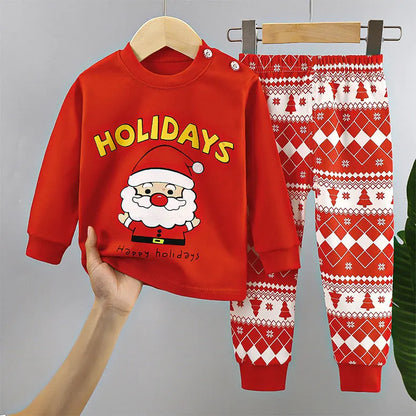 Red baby Christmas outfit set with Santa Claus long sleeve shirt and festive patterned pants