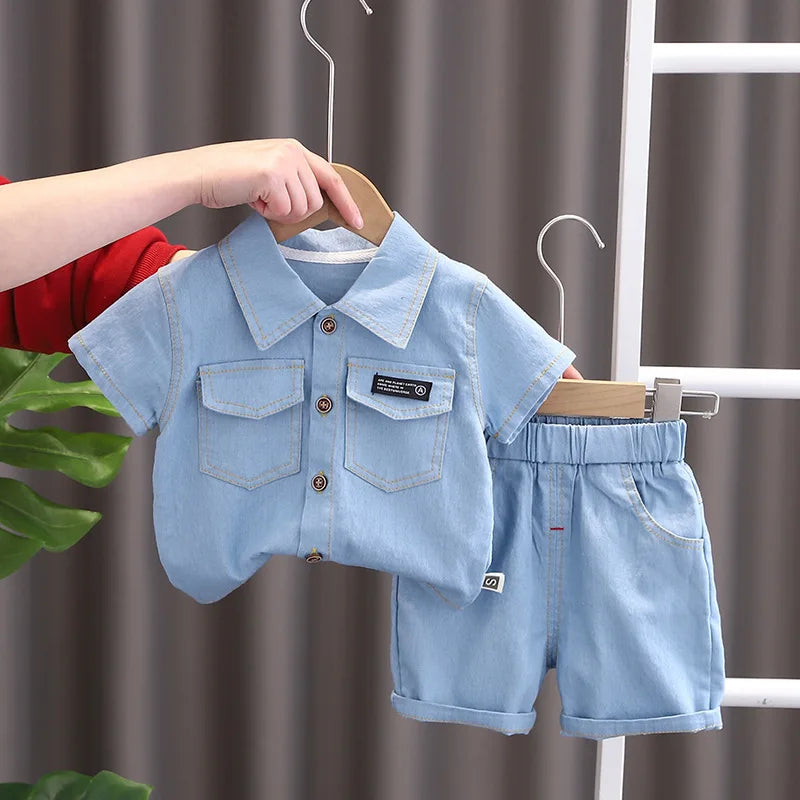 Conjunto Bebê Jeans Premium – Camisa Social e Bermuda Denim