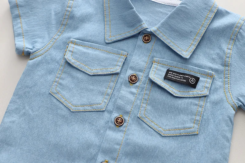 Conjunto Bebê Jeans Premium – Camisa Social e Bermuda Denim