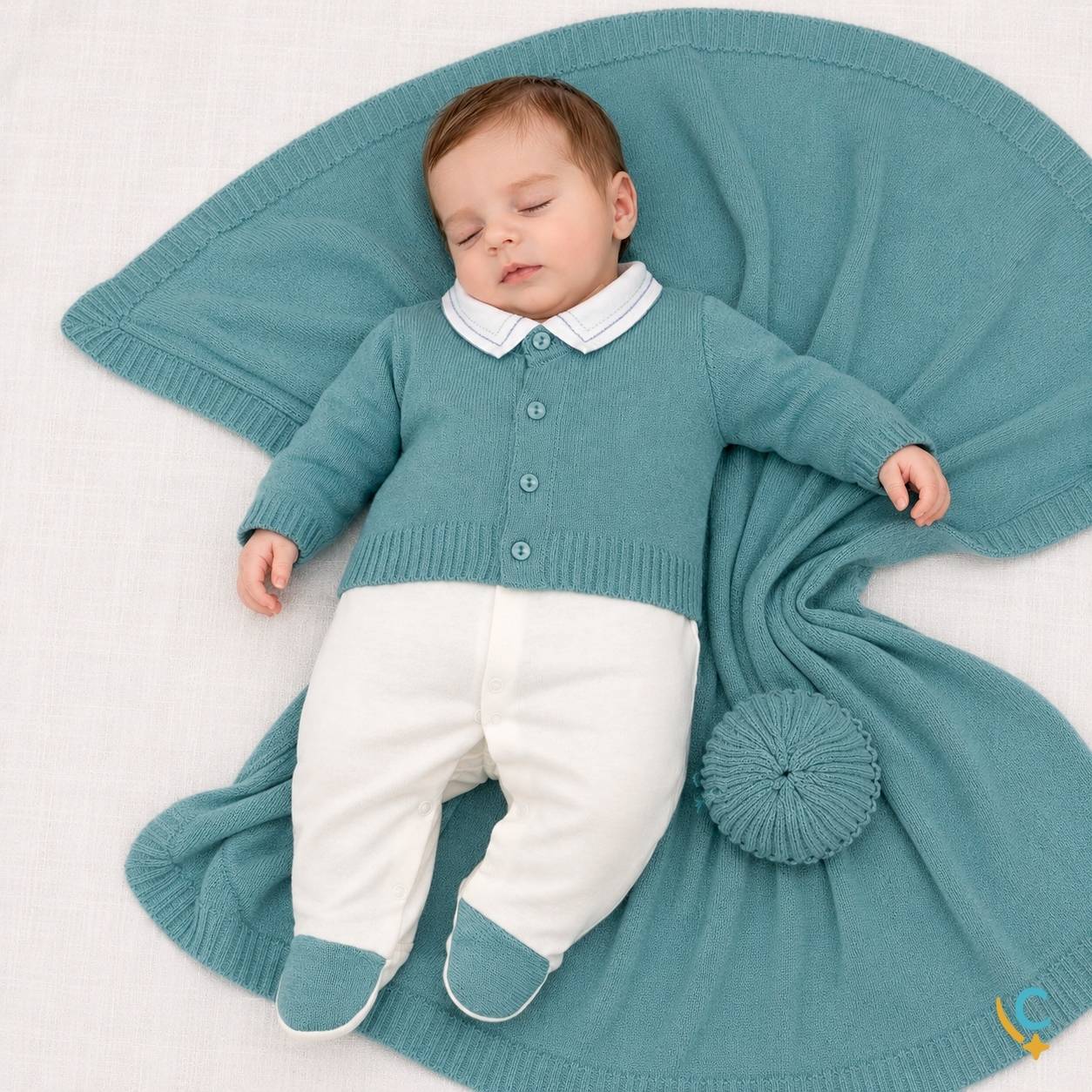 Saída maternidade premium verde água em tricô com manta Carinho de Bebê