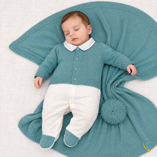 Saída maternidade premium verde água em tricô com manta Carinho de Bebê