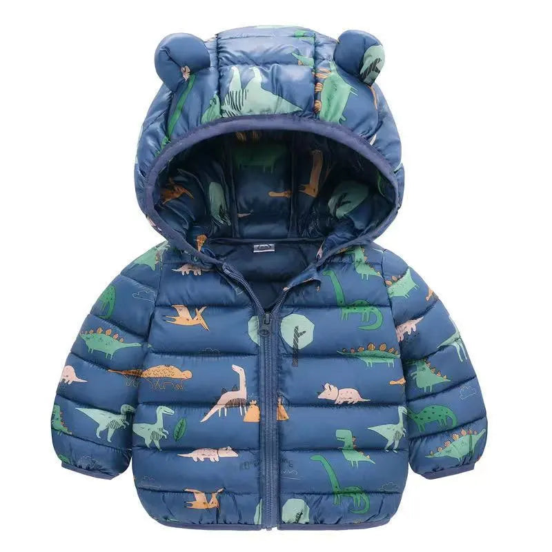 Blue baby puffer jacket with hood, bear ears, and colorful dinosaur print