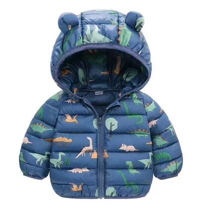 Blue baby puffer jacket with hood, bear ears, and colorful dinosaur print