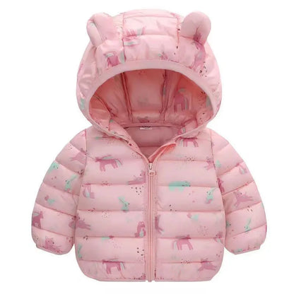 Pink baby puffer jacket with animal print and hood with bear ears, winter infant clothing