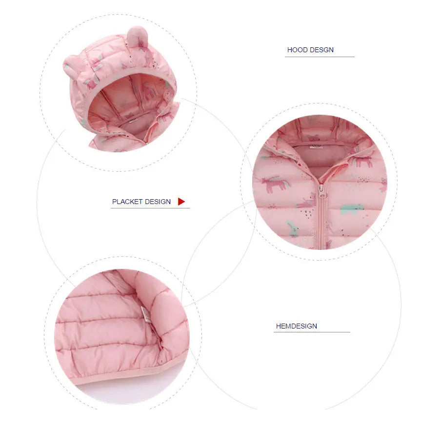 Details of pink baby puffer jacket with ear hood, animal print, zipper front, and soft hem.