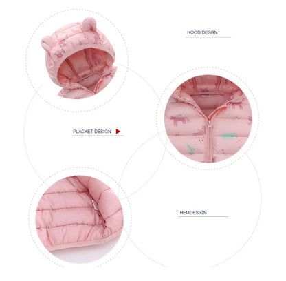 Details of pink baby puffer jacket with ear hood, animal print, zipper front, and soft hem.