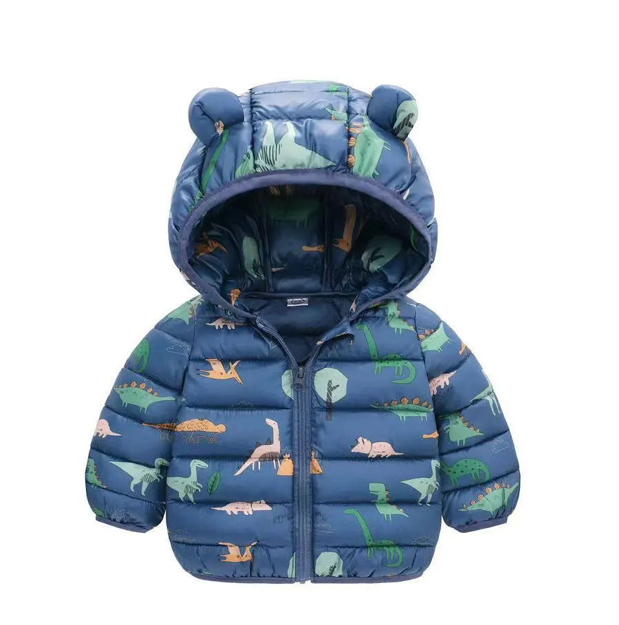 Blue baby puffer jacket with dinosaur print and hood with bear ears, winter children's clothing