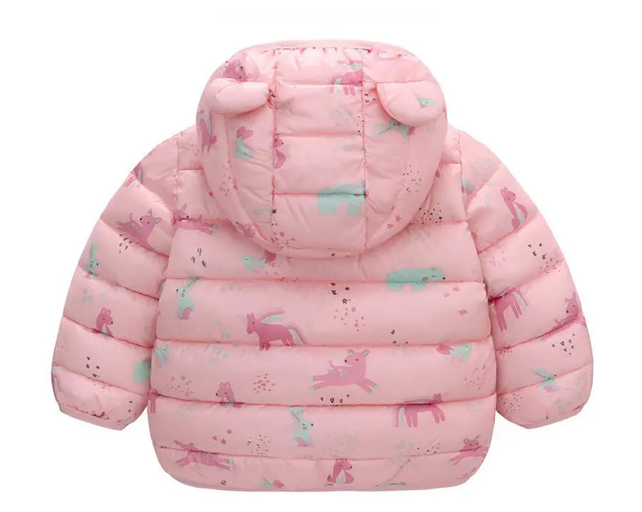 Pink baby puffer jacket with animal print and bear ears on hood, back view
